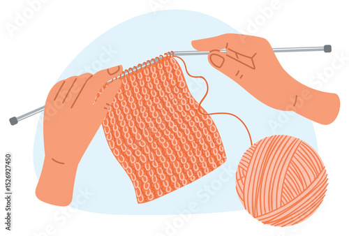 Hands knitting product from wool or thick threads. Hobby and craft. Knit yarn ball. Homemade knitwear. Warn handmade clothing. Human arms making soft scarf at needles. Vector concept