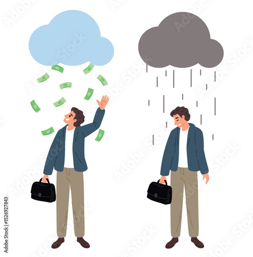 Businessman standing under cloud from which money or drops water. Good or bad luck. Financial failure or success. Investment profit or economy fail. Falling cash dollars. Vector concept