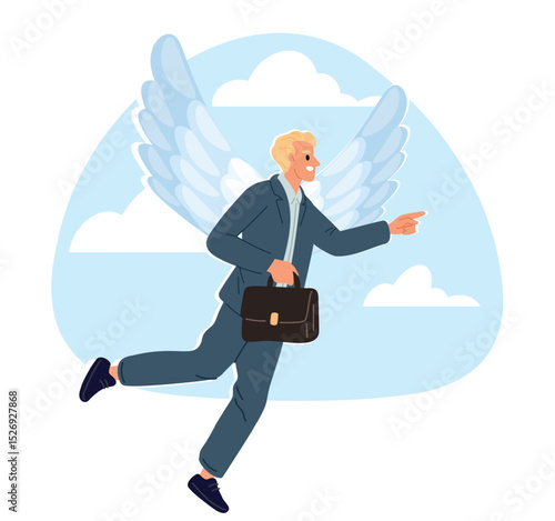 Businessman investor with feather wings. Business angel. Investment support. Man flying in sky. Guardian for entrepreneur. Successful startup. Professional leadership. Vector concept