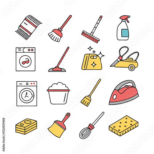 Home Cleaning and Maintenance Colored Icons – Line Style Vector Set Featuring Mop, Broom, Vacuum, Bucket, Spray Bottle, and Cleaning Supplies