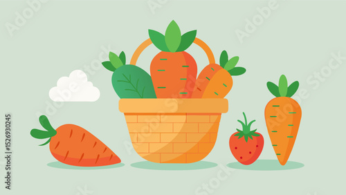 A small basket holding only a few deformed carrots and a handful of tiny underripe strawberries symbolizing the impact of climate change on crop diversity and availability.. Vector illustration