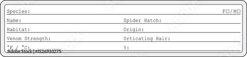 Spider profile, spider info Terrarium label, spider label name and all information about the animal keeping and care. Spider stickers, Spider data stickers for terrarium.