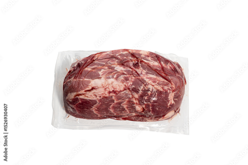 Obraz premium Vacuum-packed pork top view. Vacuum-packed pork neck photographed from above. The fat content and fibers are clearly visible for a juicy final product. Meat isolated on white background.