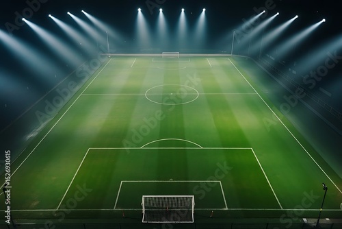 Aerial View of Soccer Field Illuminated by Spotlights with Vibrant Green Grass