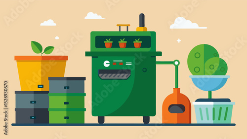 A smart composting machine that automatically separates and grinds food waste then deposits it into designated composting bins for easy handling.. Vector illustration