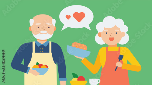 An elderly couple putting their aprons on and getting ready to cook a healthy and nutritious meal with a text bubble stating that a balanced and varied diet is key to maintaining a. Vector