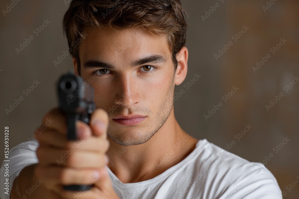 Man aiming gun closeup intense gaze brown hair white shirt Man aiming gun closeup intense gaze brown hair white shirt