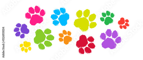 Paw print, cat or dog foot colorful crayon pattern, animal doodle sketch bg. Pet step grunge texture set. Bear, panda, tiger stamp feet track isolated on white background. Cartoon vector illustration