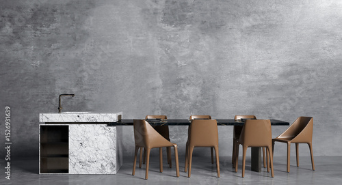 A dining room with a table and chairs by a concrete wall