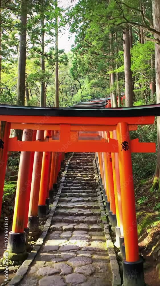 an ascending wide video of a stunning traditional japanese landscape with vibrant vermillion and black torii gates lining an ancient stone staircase along a lush green hillside. warm golden hour an ascending wide video of a stunning traditional japanese landscape with vibrant vermillion and black torii gates lining an ancient stone staircase along a lush green hillside. warm golden hour
