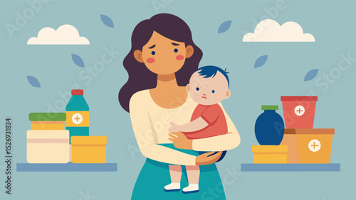 A distressed mother with a baby in her arms standing next to a row of baby food with a Supplies Limited sign.. Vector illustration