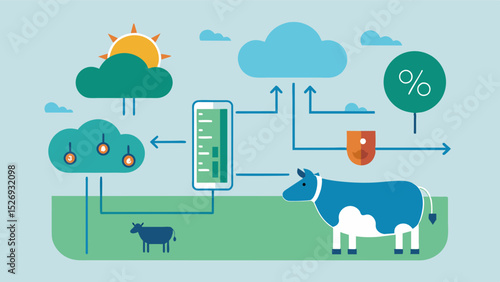 An integrated weather forecast system adjusts the feed portion sizes based on the temperature ensuring the comfort and wellbeing of the cattle.. Vector illustration