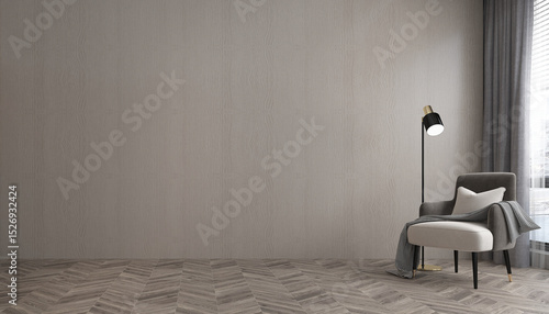 In the room, there is a chair alongside a lamp thats present