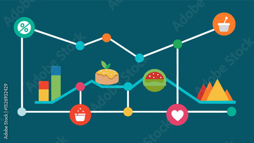 A line graph with multiple intersecting lines each one representing a different food source and all showing a downward trend.. Vector illustration
