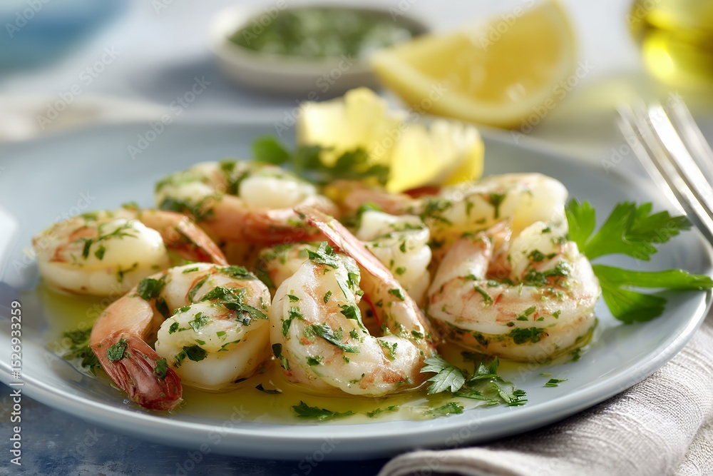 Delicious garlic shrimp with fresh herbs and lemon on a plate Delicious garlic shrimp with fresh herbs and lemon on a plate