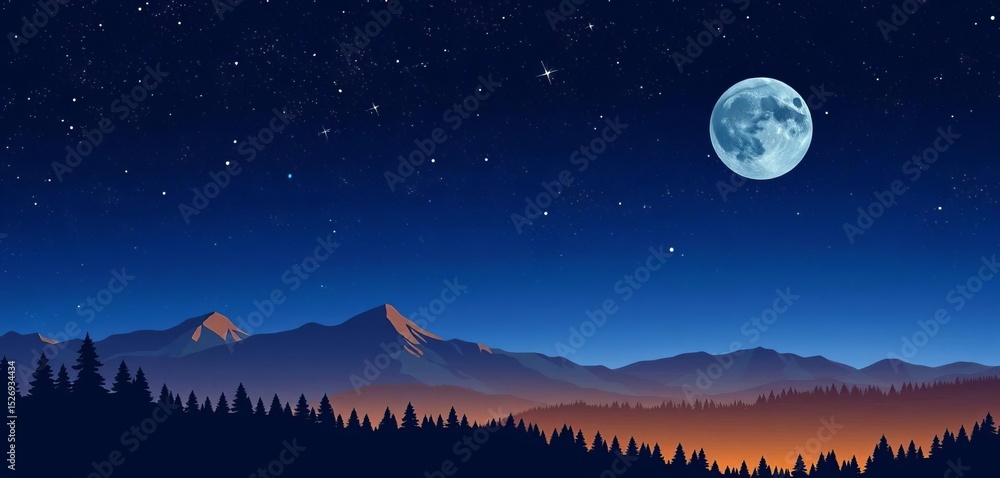 Fototapeta premium Abstract vector illustration of a starry night landscape with stylized mountains and forest silhouettes, black, midnight