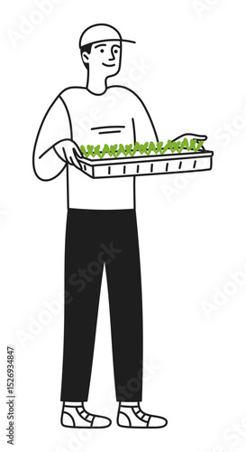 Man with young seedlings in hands, taking care of plants. Microgreens. Caring for nature. Gardening. Ecology. Vector illustration doodle