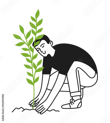 Man working in the garden, planting a plant, taking care of plants. Caring for nature. Gardening. Ecology. Vector illustration doodle