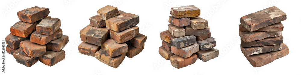 Set of piles of bricks on transparent background, pile of old red bricks, pile of separated red bricks, pile of bricks next to the wall, separated red bricks, pile of broken bricks Set of piles of bricks on transparent background, pile of old red bricks, pile of separated red bricks, pile of bricks next to the wall, separated red bricks, pile of broken bricks