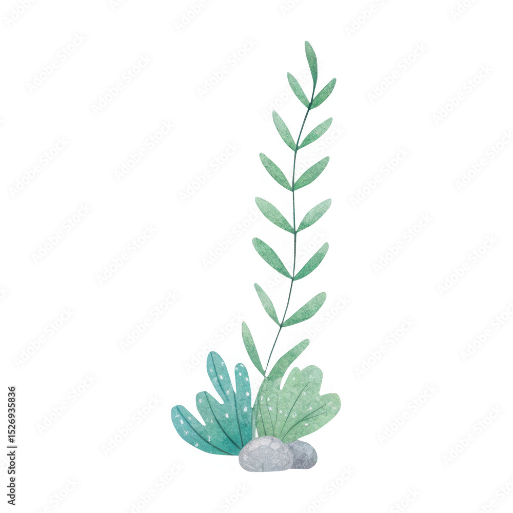 Obraz premium Watercolor plant and rocks illustration on white background on transparent background