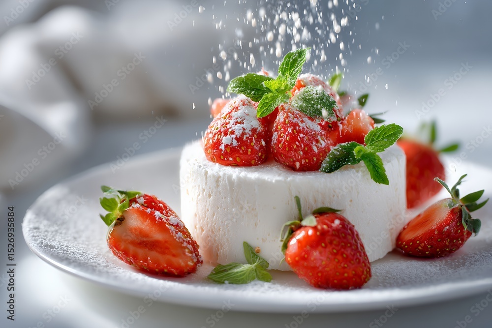 Fresh strawberry shortcake with powdered sugar and mint garnish on white plate Fresh strawberry shortcake with powdered sugar and mint garnish on white plate