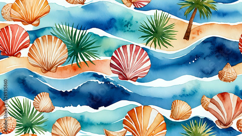Watercolor style beach scene with shells waves sand and palm trees