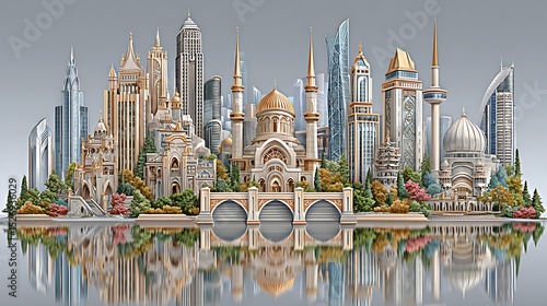 Skyline with majestic arches and golden minarets high resolution photo