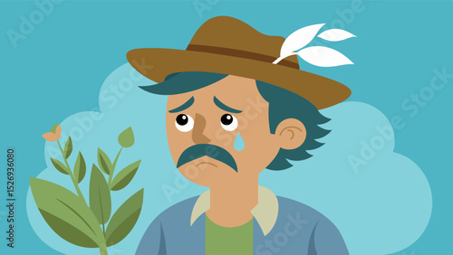 A single tear falls down the weathered face of a farmer his spirit crushed by a wilted plant a symbol of his failed livelihood.. Vector illustration