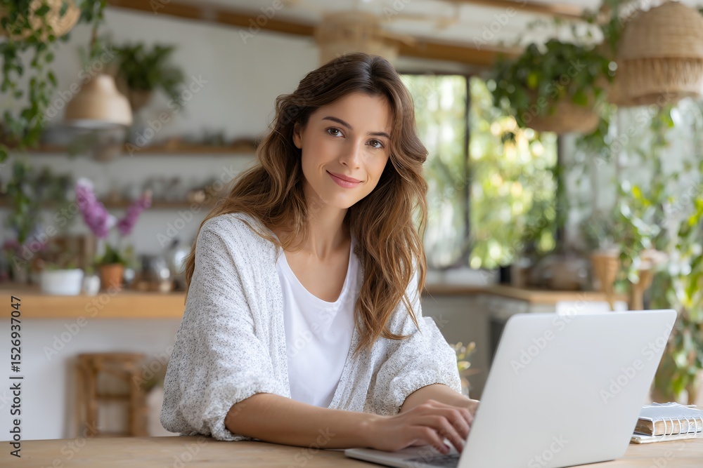 Young caucasian female working on laptop in bright home kitchen Young caucasian female working on laptop in bright home kitchen