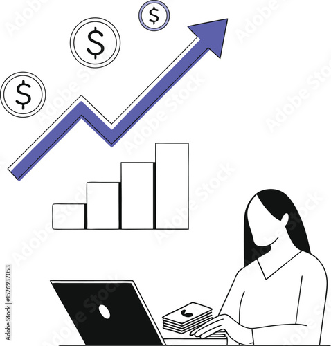 Increase income or salary, increase savings or investing profit, increase revenue or accumulate wealth concept, woman working on a computer graph showing banknotes growing 1