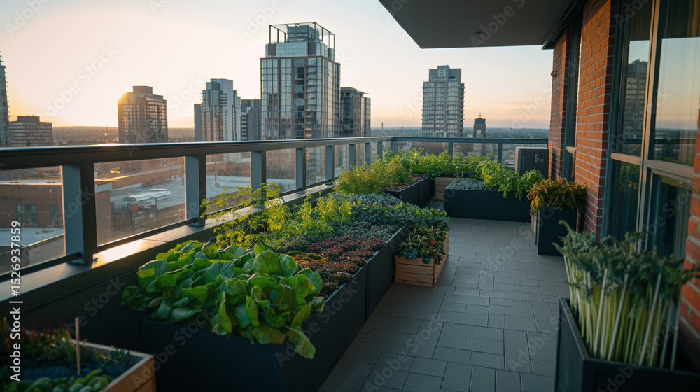 Fototapeta premium A lush rooftop garden in a city, vibrant green plants, solar panels, eco-friendly setup, golden hour lighting, urban skyline background, dslr,