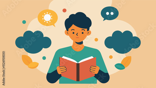 An image of a person reading a book with thought bubbles showing the sights and smells described in the story and the emotions evoked by the words.. Vector illustration