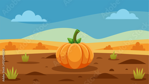A pumpkin standing alone in a lifeless field personifies the persistent efforts needed for sustaining crop growth.. Vector illustration
