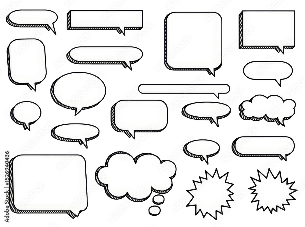 Obraz premium Hand-Drawn Comic Dialog Frames Retro empty comic speech bubbles set.Vintage design,pop art style - stock png.by nicasio [6000 × 4500 pixels • DPI 300 • PNG] 