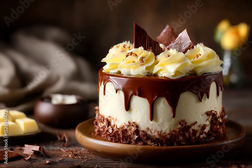 Decadent chocolate and vanilla cake with cream toppings and chocolate shavings