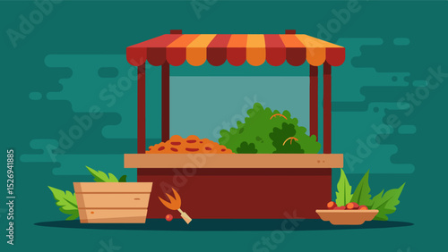 A makeshift stand displayed a few wilted herbs and scraps of meat the only remaining sustenance in the orn market.. Vector illustration