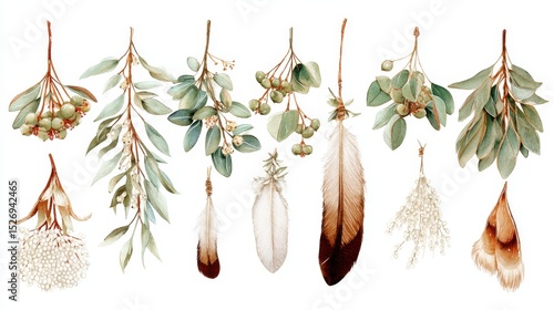 Boho Christmas Mistletoe & Eucalyptus Watercolor Clipart