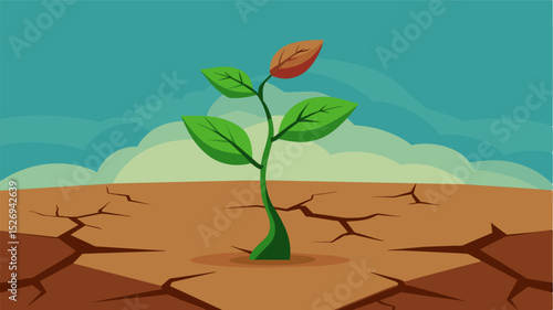 A solitary plant straining to grow in a cracked field representing the struggle for survival in a world plagued by extreme weather and rising temperatures.. Vector illustration