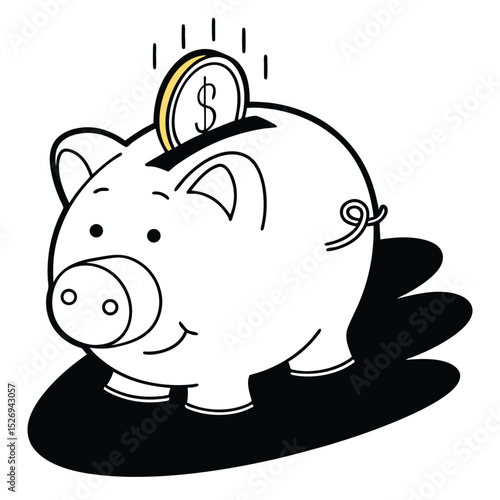  icon of a piggy bank with a gold coin going into it, soft shadows, representing savings and investment, isolated on white.