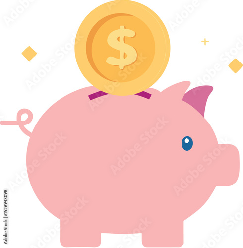  icon of a piggy bank with a gold coin going into it, soft shadows, representing savings and investment, isolated on white.