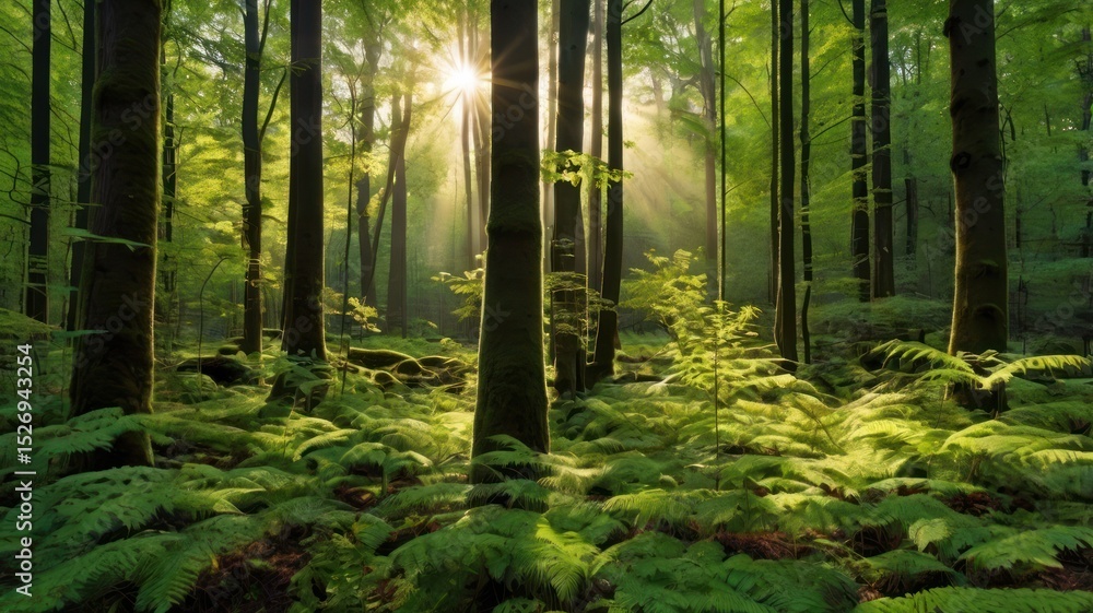 Fototapeta premium Sunbeams pierce lush forest floor