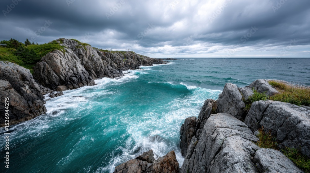 Obraz premium Rocky cliffs meet the turquoise ocean, with crashing waves revealing the power of nature. Clouds gather overhead, creating a moody atmosphere on the coastline.