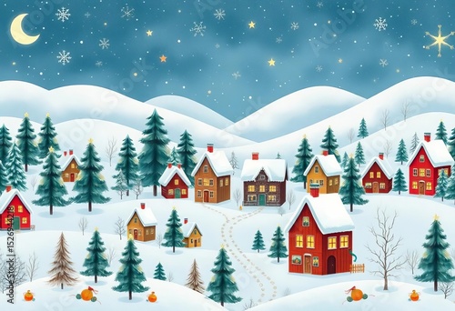 Adorable hand-drawn winter village scene, seamless pattern ,  horizontal,  shop