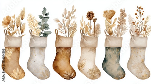 Boho Christmas Stockings Clipart Watercolor Floral Design
