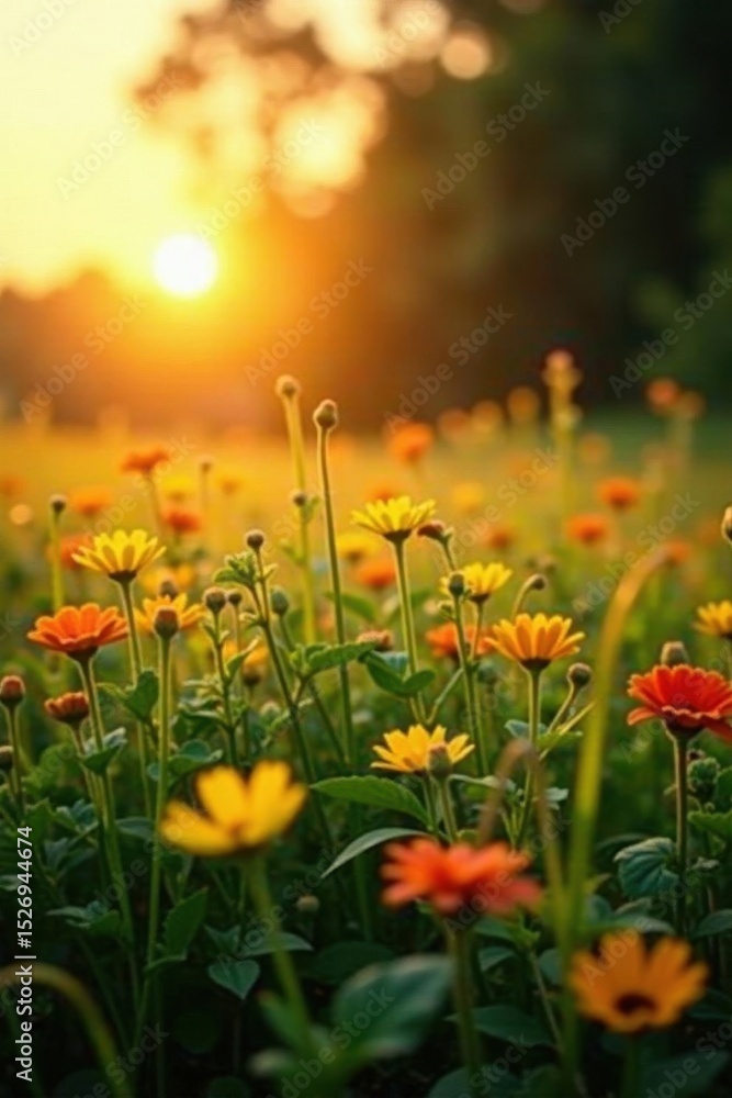 Obraz premium Golden hour light bathes lush meadow, blurred sunset , flowers, evening, pasture