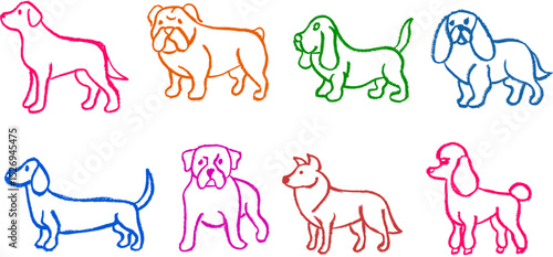 Pet Dog Various Breeds Crayon Chalk Drawing Vector Set