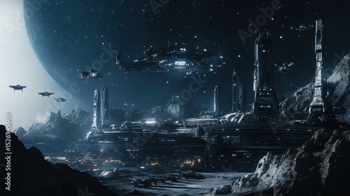 Fototapeta Naklejka Na Ścianę i Meble -  Space station orbiting a distant planet with futuristic ships flying in the night sky