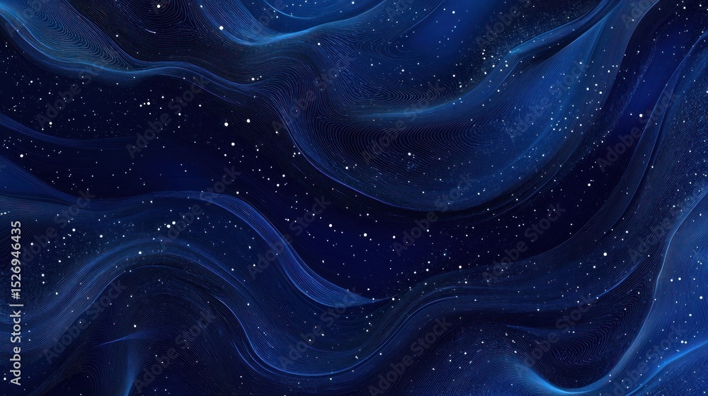 Fototapeta premium Abstract dark blue wavy background with glittering particles
