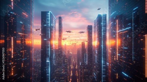 Wallpaper Mural Futuristic cityscape at dusk with flying vehicles and vibrant neon lights illuminating towering skyscrapers Torontodigital.ca