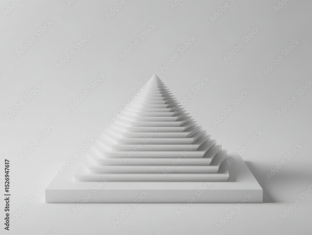 Obraz premium Minimalist monochrome stepped pyramid with smooth rectangular platforms, soft diffuse lighting on matte concrete texture, centered symmetrical composition against plain neutral